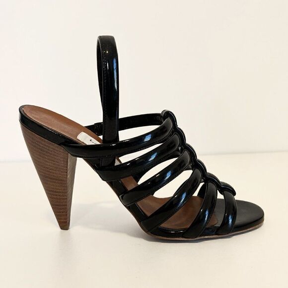 Lanvin Black Patent Leather Strappy Cone Heel Sandals - Picture 1 of 7
